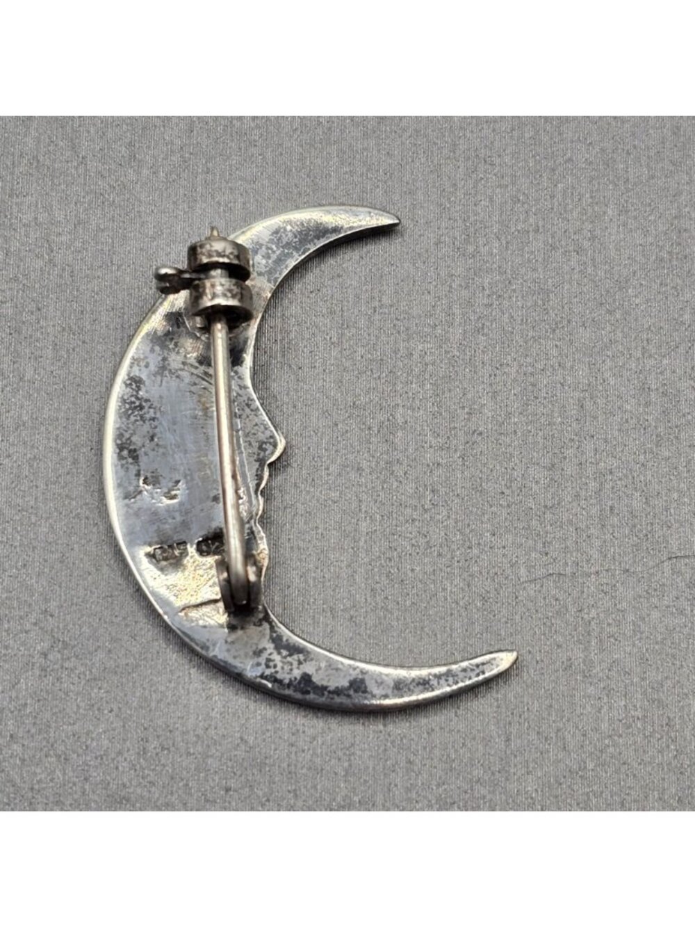 Vintage Sterling Silver Marcasite Moon Brooch Man In The Moon Face Signed FAS - Picture 3 of 8